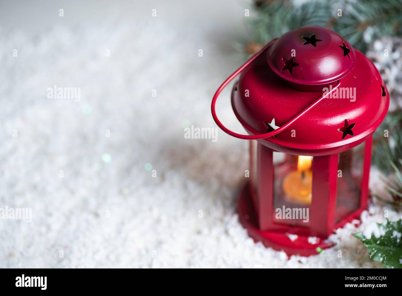Lanterna a lume di candela festiva e vacanze di Natale e Capodanno copia sfondo spazio Foto Stock