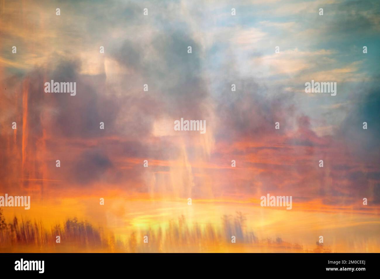 Foto a colori semi astratta impressionistica di paesaggi nuvolosi retroilluminata dal sole estivo che tramonta nel rifugio boschivo della zona di Penbryn Foto Stock