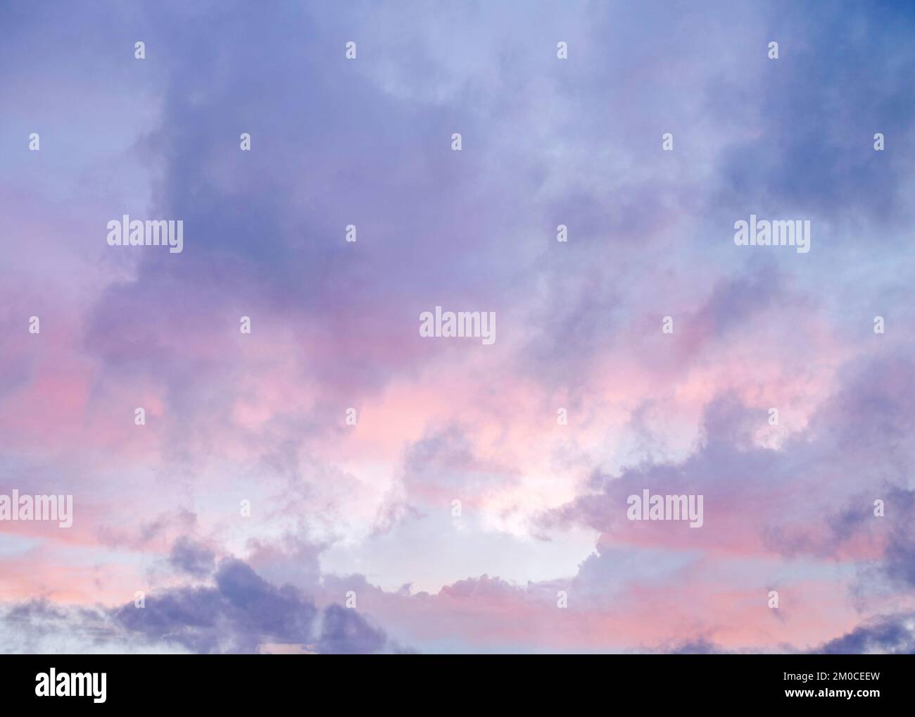 Fotografia a colori semi astratta e impressionistica di paesaggi nuvolosi retroilluminata dal sole estivo che tramonta nel rifugio boschivo nella zona di Penbryn, Foto Stock