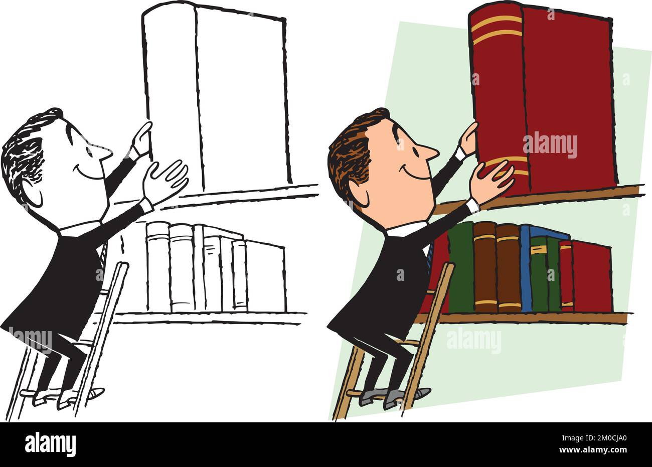 Un cartoon retrò vintage di un uomo d'affari che mette i libri sullo scaffale in una biblioteca. Illustrazione Vettoriale