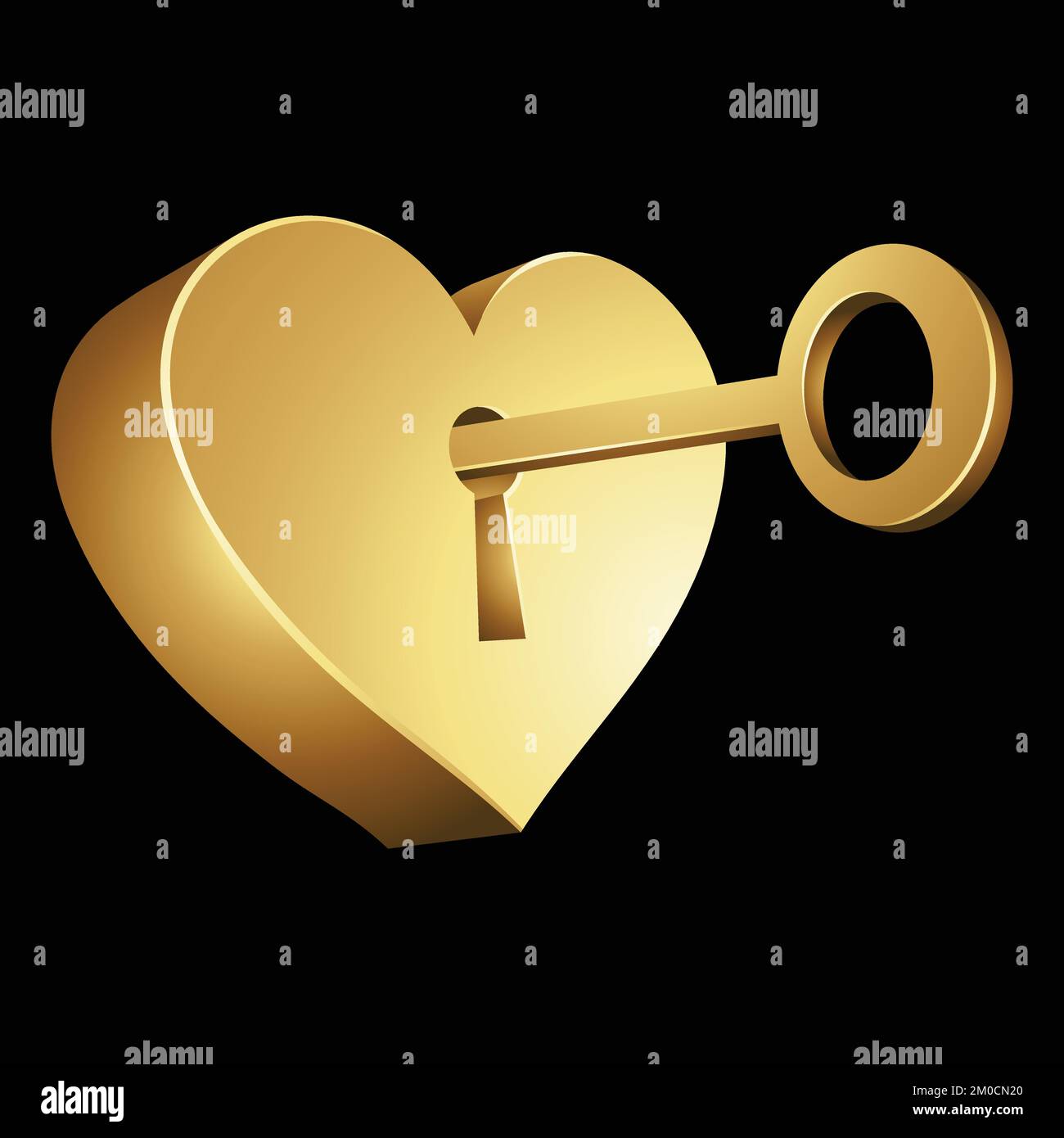 Tasto dorato sblocco di un lucchetto a forma di cuore su sfondo nero Illustrazione Vettoriale