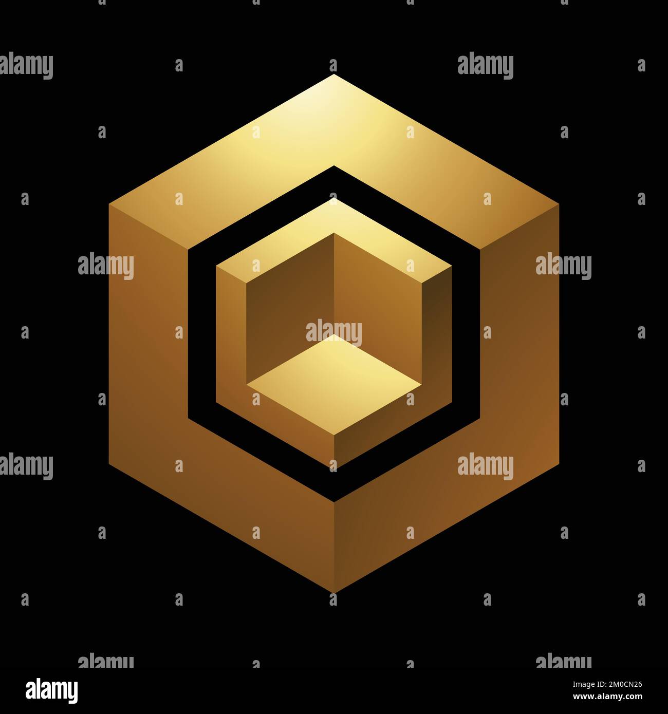 Cubo esagonale dorato su sfondo nero Illustrazione Vettoriale