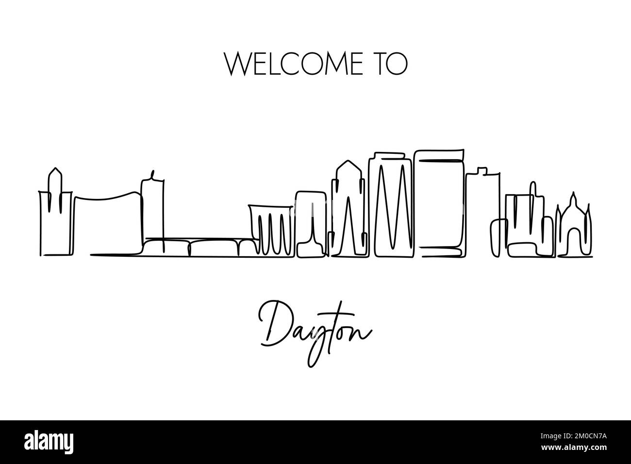 Un disegno di linea dello skyline di Dayton City Ohio. Design di stile disegnato a mano per il concetto di viaggio e turismo Illustrazione Vettoriale