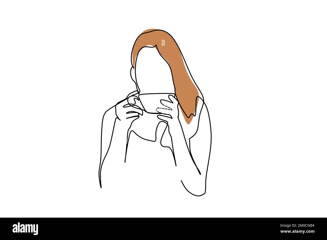 Una donna adulta carina che ha una tazza di caffè. Un disegno a linea continua di tipo disegno disegnato a mano per il concetto di hygge Illustrazione Vettoriale