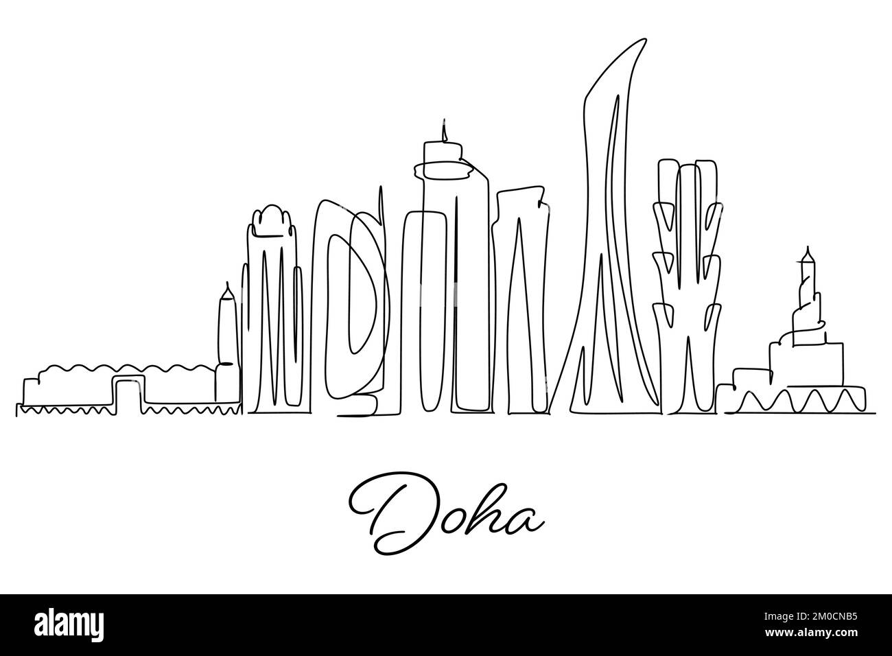 Lo skyline di Doha City of Qatar. Semplice disegno a linea continua ad una linea per il turismo business concept e pubblicità. Stile disegnato a mano a linea singola Illustrazione Vettoriale