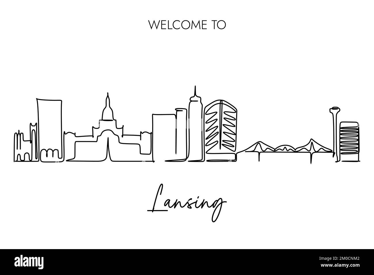 Disegno continuo di una linea di Lansing Skyline con Welcome to Lansing Copywriting. Disegno a mano di stile per la capitale del Michigan United Illustrazione Vettoriale