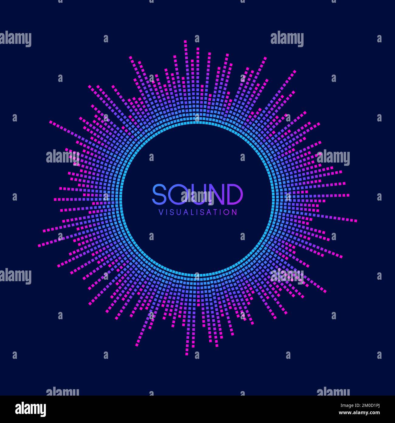 Visualizzazione dell'onda sonora circolare. Equalizzatore del lettore musicale pixel. Segnale audio radiale o elemento vibrante. Riconoscimento vocale. Epicentro, target, radar Illustrazione Vettoriale