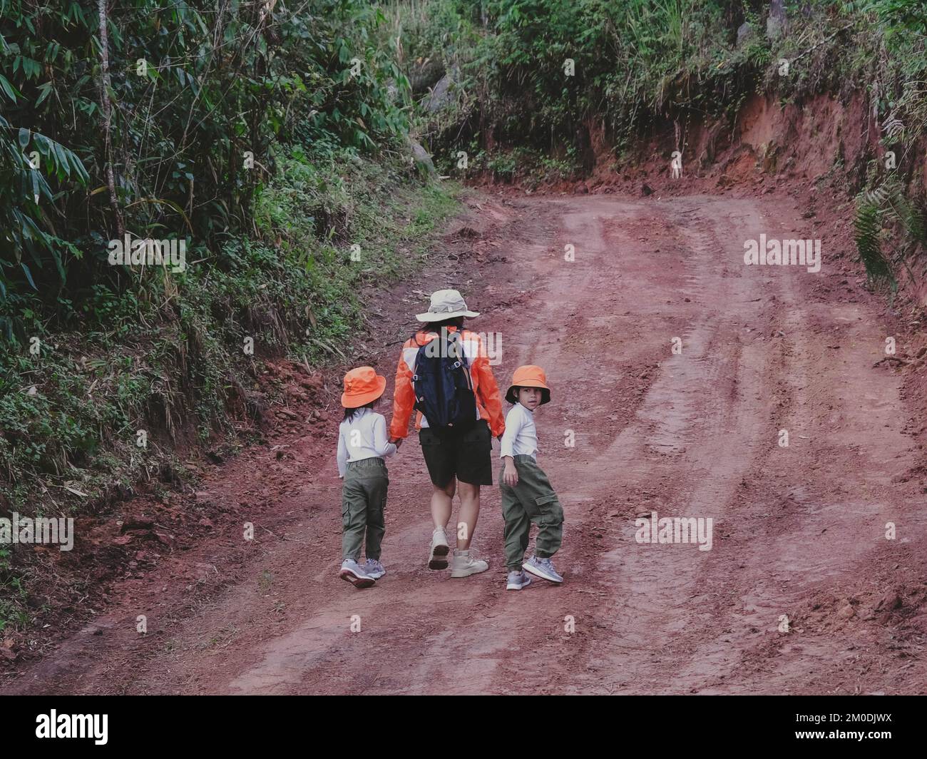 Felice giovane donna con la figlia che cammina in un viaggio di campo insieme in montagna. Famiglia in un'avventura escursionistica attraverso la foresta. I genitori insegnano Foto Stock