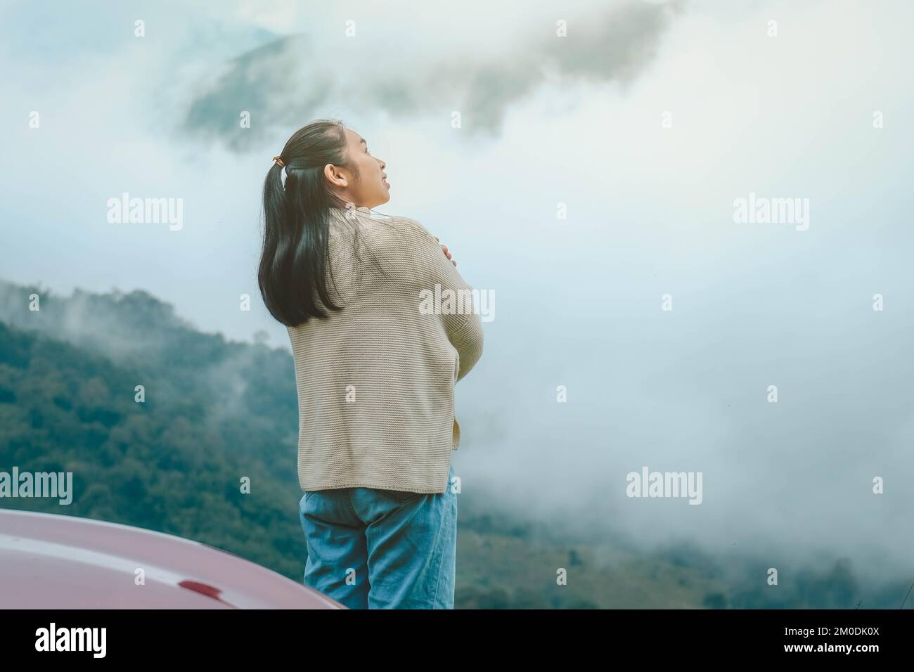 Vista posteriore di una giovane donna in piedi sulla cima di una montagna calma e guardando le nuvole del mattino. Donna che indossa un maglione godendo la bellezza di na Foto Stock