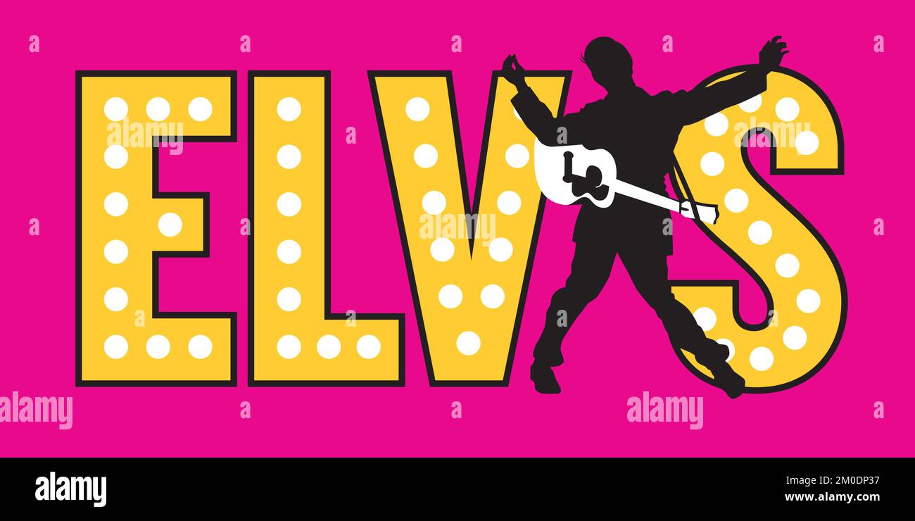 Logo o badge Elvis rock and roll singer Vector Illustration. Disegno di silhouette di cantante rock retrò con chitarra e testo. Illustrazione Vettoriale