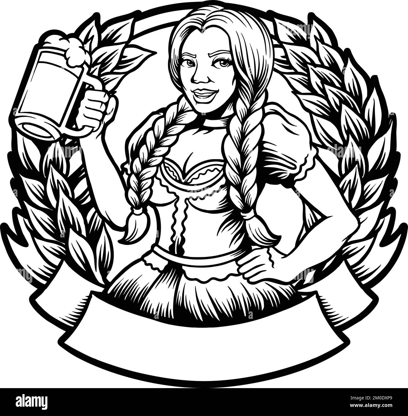 Smile Girl con la birra contorno vettoriale illustrazioni per il vostro logo di lavoro, merchandise t-shirt, adesivi e disegni di etichette, poster, biglietti d'auguri Illustrazione Vettoriale