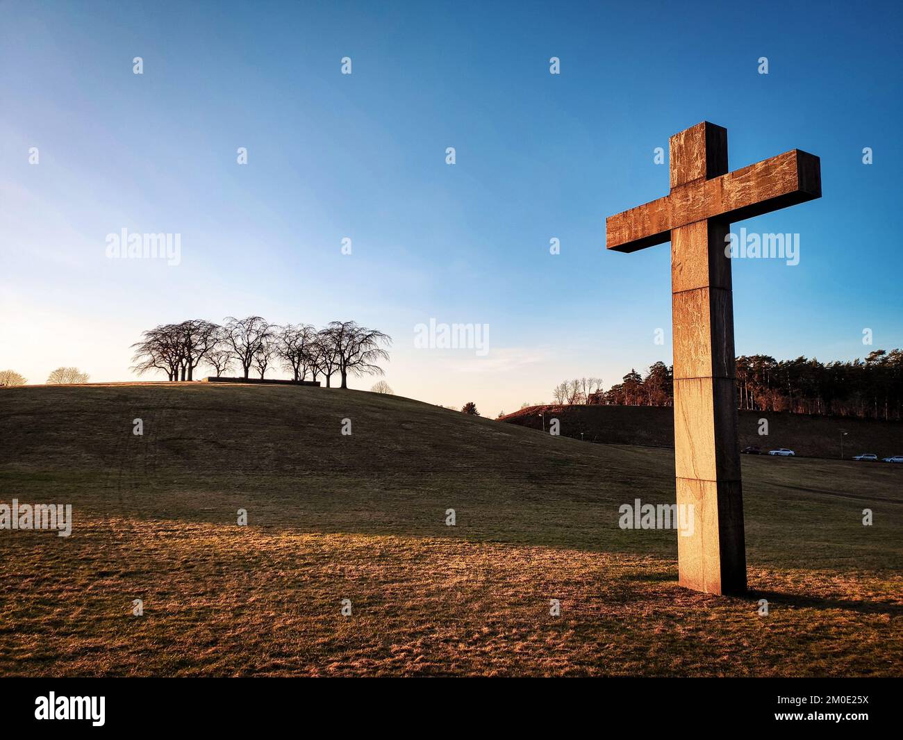 Croce di legno sul campo contro il cielo di sera Foto Stock