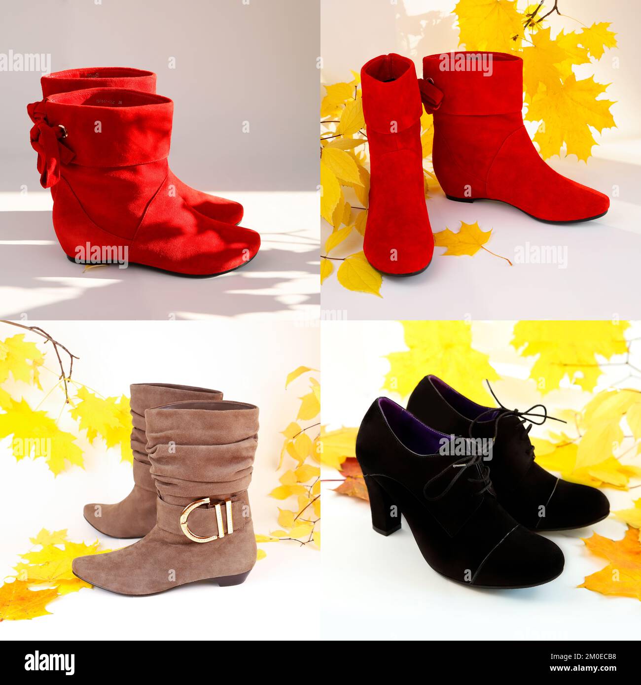 Tre tipi di stivaletti corti in pelle scamosciata Rosso nero beige. Stivali da scarpe con tacco