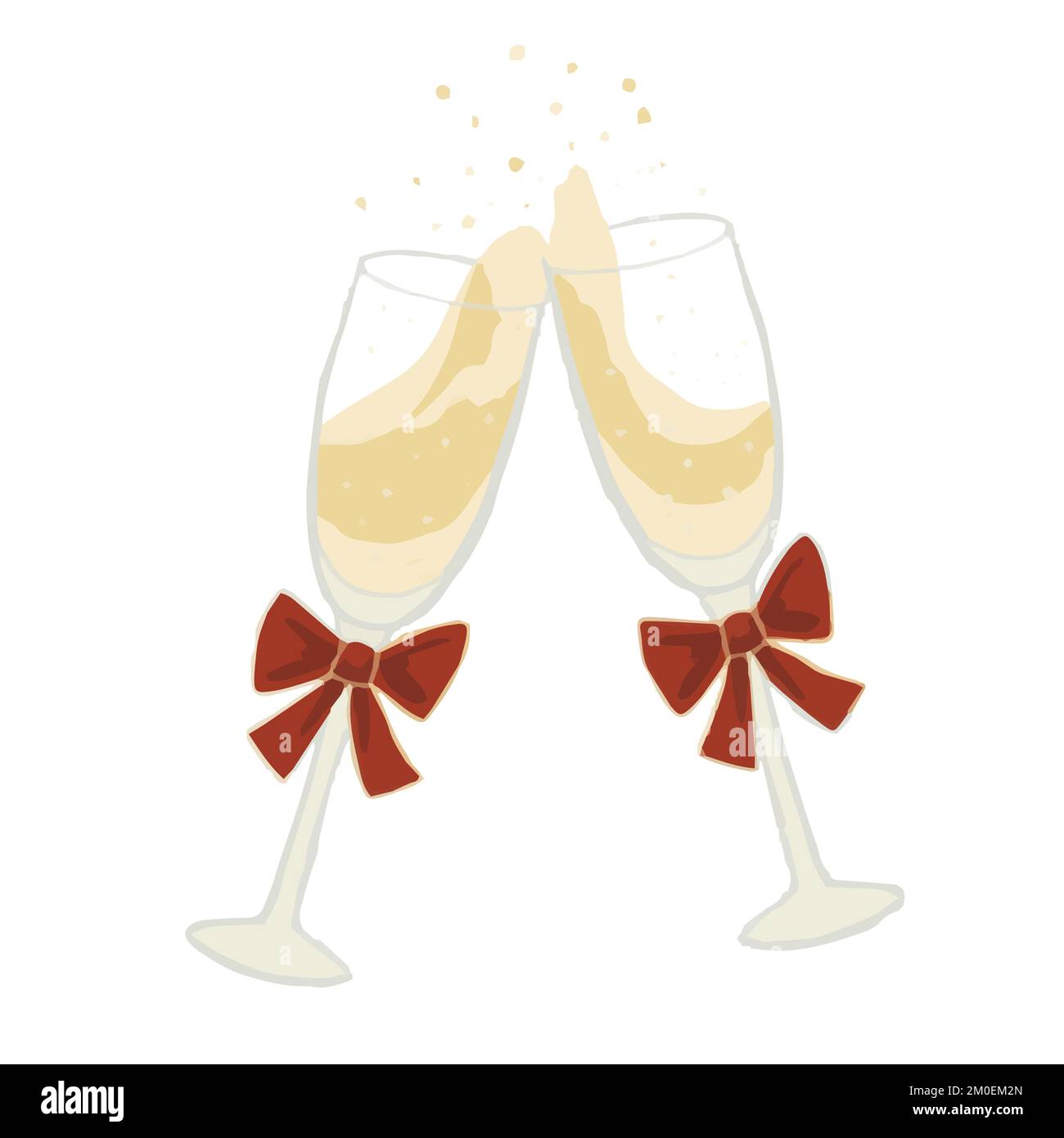 Clip art isolata illustrazione di due festive bicchiere di champagne con arco rosso Illustrazione Vettoriale