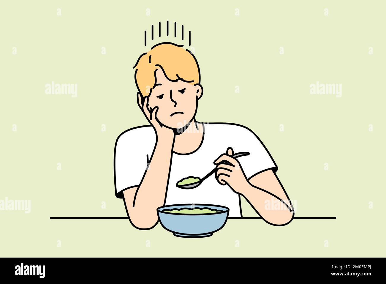 Un ragazzo senza appetito guarda una minestra magra o un'insalata a base di verdure. L'uomo segue la dieta prescritta dal medico. Ragazzo che mangia tristemente piatti vegetariani. Illustrazione isolata a colori della linea di contorno vettoriale. Illustrazione Vettoriale