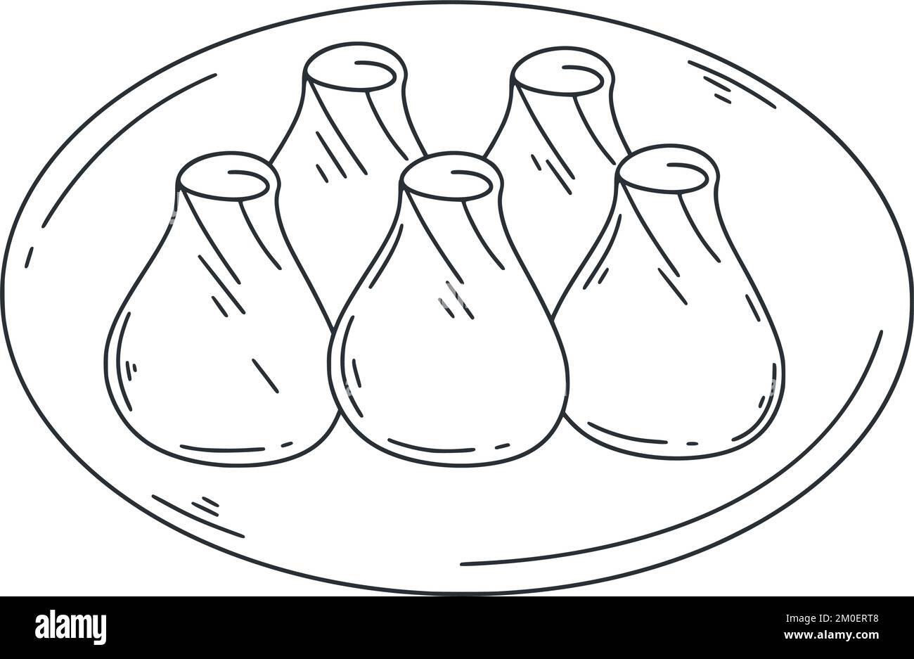 Illustrazione di Dim Sum doodle. Vettore di cibo asiatico. Tradizionale schizzo d'inchiostro cinese su sfondo bianco. Porzione di gnocchi cinesi farciti Illustrazione Vettoriale