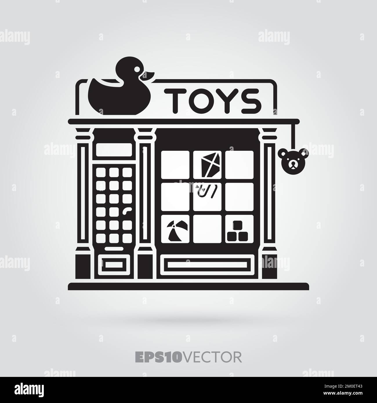 Icona del glifo del negozio di giocattoli. Simpatico piccolo negozio giocattoli simbolo negozio di negozio. Edificio vettoriale EPS 10 di colore nero pieno. Illustrazione Vettoriale