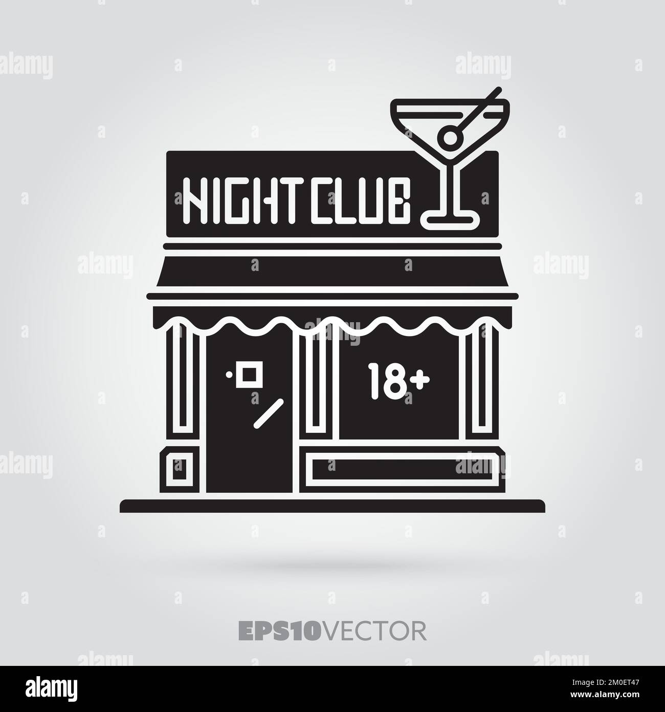 Icona del glyph del night club. Grazioso piccolo simbolo della facciata bar. Edificio per adulti con 10 vettore EPS di colore nero pieno. Illustrazione Vettoriale