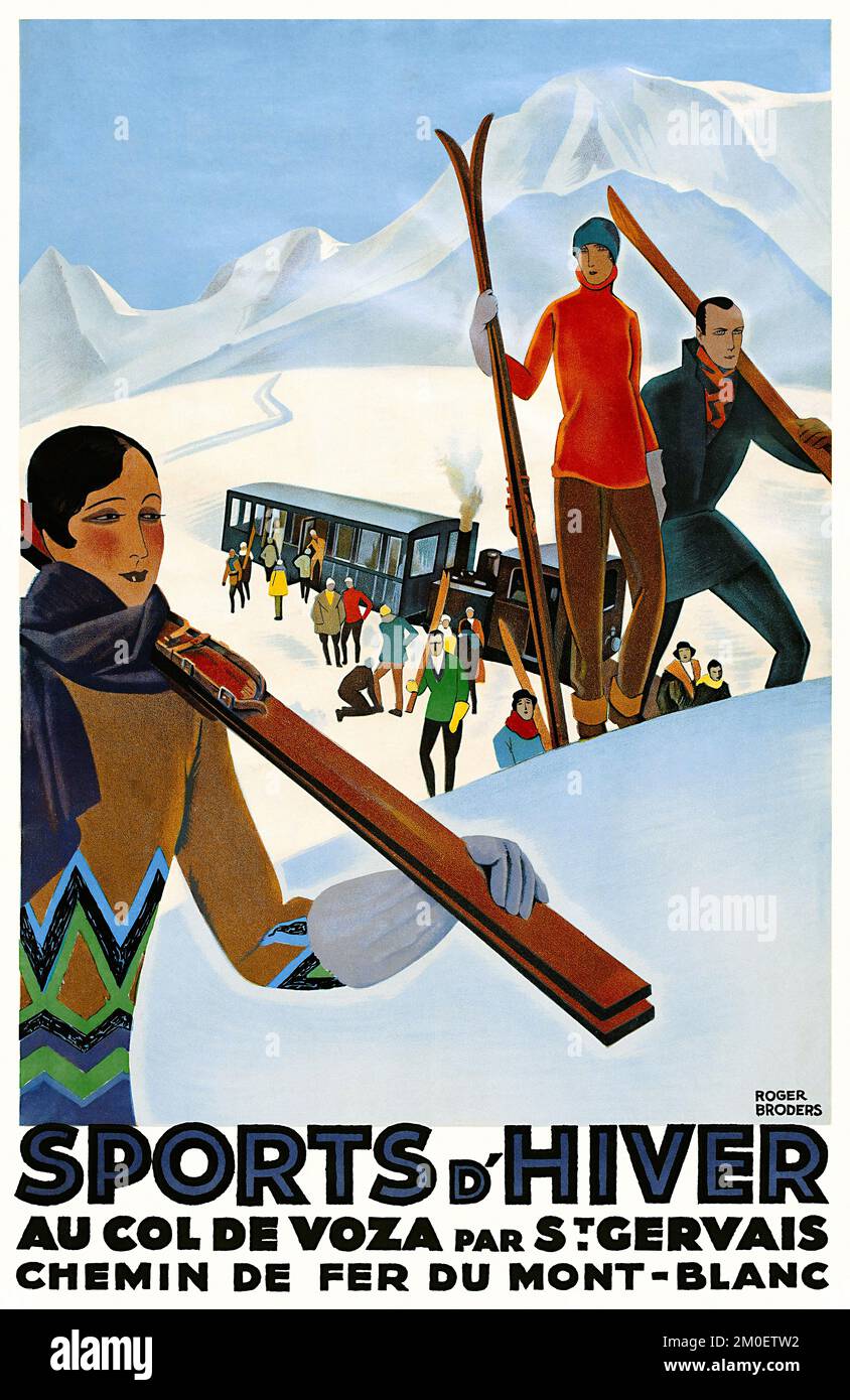 Sports d'hiver au col de Voza par St Gervais. Chemin de fer du Mt. Blanc di Roger Broders (1883-1953). Poster pubblicato nel 1930 in Francia. Foto Stock