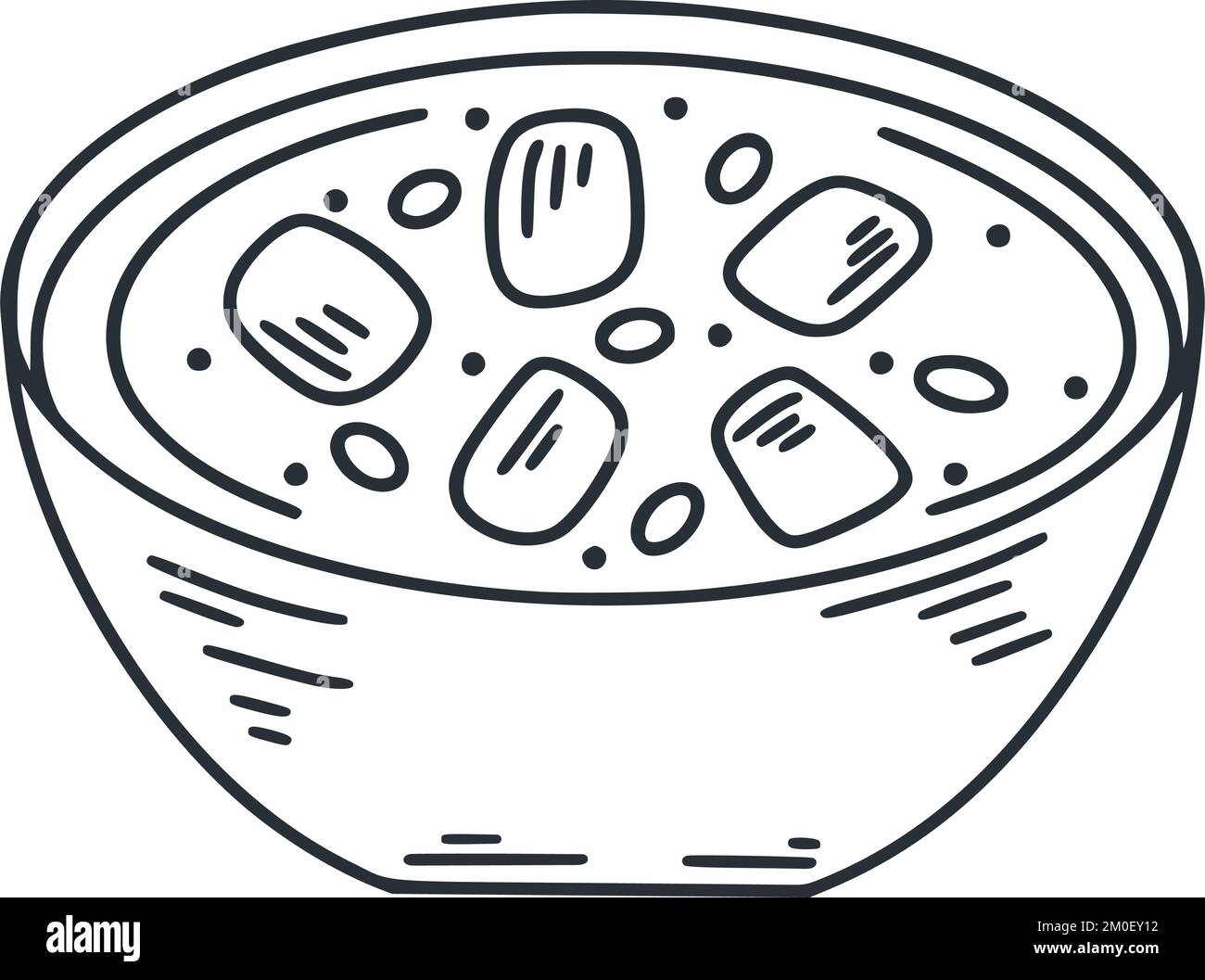 Tradizionale zuppa giapponese di miso semplice illustrazione doodle. Illustrazione vettoriale isolata con inchiostro alimentare asiatico. Cultura Washoku Illustrazione Vettoriale