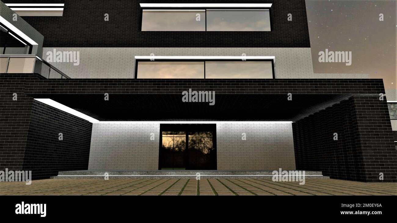 Illuminazione notturna del portico di alloggi di lusso costruito con materiali durevoli eco-friendly. Decorazioni in mattoni. rendering 3d. Foto Stock