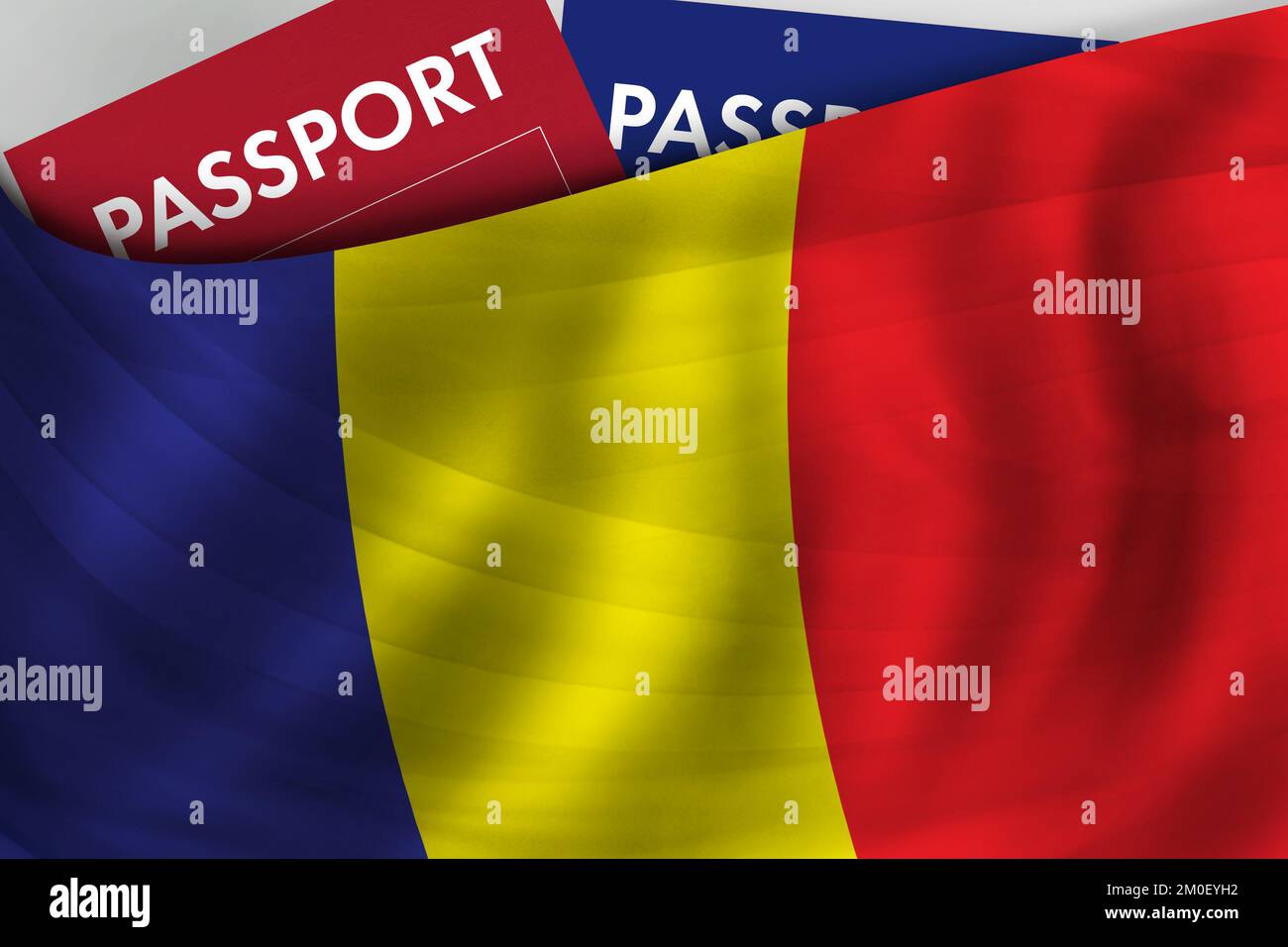 Bandiera rumena e passaporto della Romania. Cittadinanza, immigrazione legale ufficiale, visti, affari e viaggi. Foto Stock