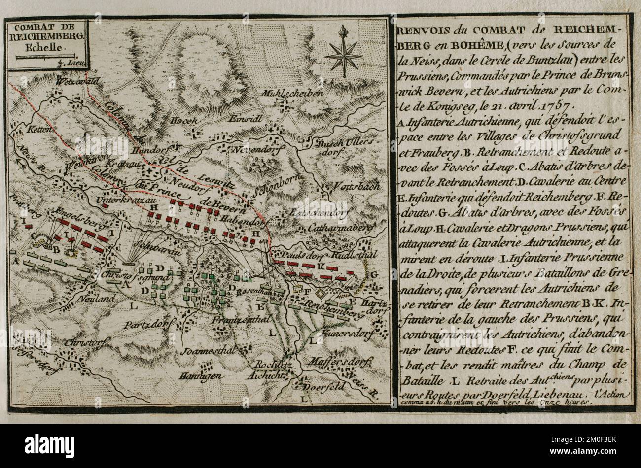 Guerra dei sette anni (1756-1763). Mappa della Battaglia di Reichenberg (21 aprile 1757). L'esercito prussiano, sotto il comando di August Wilhelm, Duca di Brunswick-Bevern (1715-1781), sconfisse l'esercito austriaco guidato da Christian Moritz Graf Königsegg und Rothenfels (1705-1778). Pubblicato nel 1765 dal cartografo Jean de Beaurain (1696-1771) come illustrazione della sua Grande carta della Germania, con gli eventi che si sono verificati durante la Guerra dei sette anni. Incisione e incisione. Edizione francese, 1765. Biblioteca storica militare di Barcellona (Biblioteca Histórico Militar de Barcelona). Catalogna. Spagna. Foto Stock