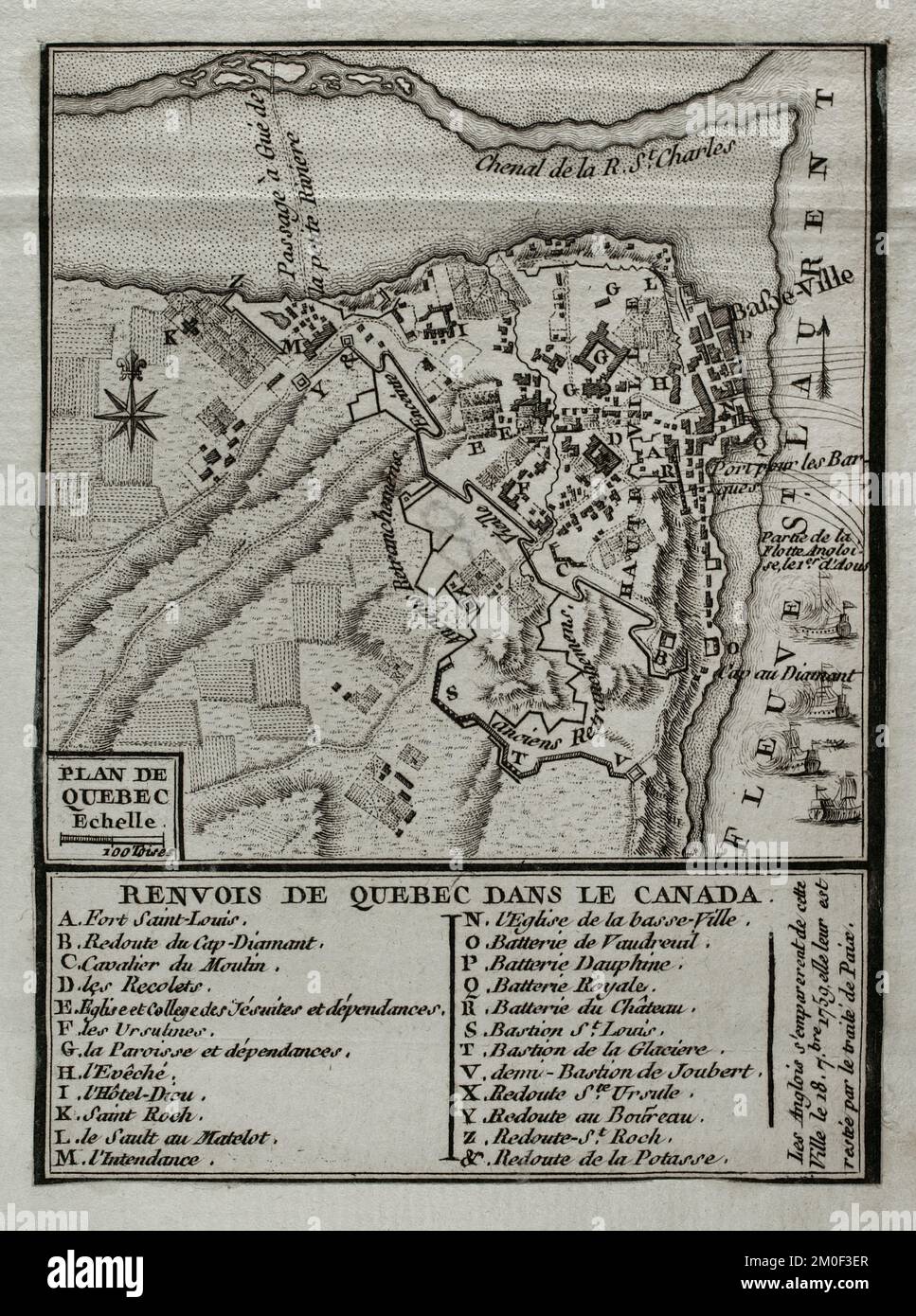 Guerra dei sette anni (1756-1763). Mappa del Quebec, 1759. Canada. Colonia francese del Vicereame della Nuova Francia. Il 18 settembre 1759, gli inglesi catturarono la città. Pubblicato nel 1765 dal cartografo Jean de Beaurain (1696-1771) come illustrazione della sua Grande carta della Germania, con gli eventi che si sono verificati durante la Guerra dei sette anni. Incisione. Edizione francese, 1765. Biblioteca storica militare di Barcellona (Biblioteca Histórico Militar de Barcelona). Catalogna. Spagna. Foto Stock