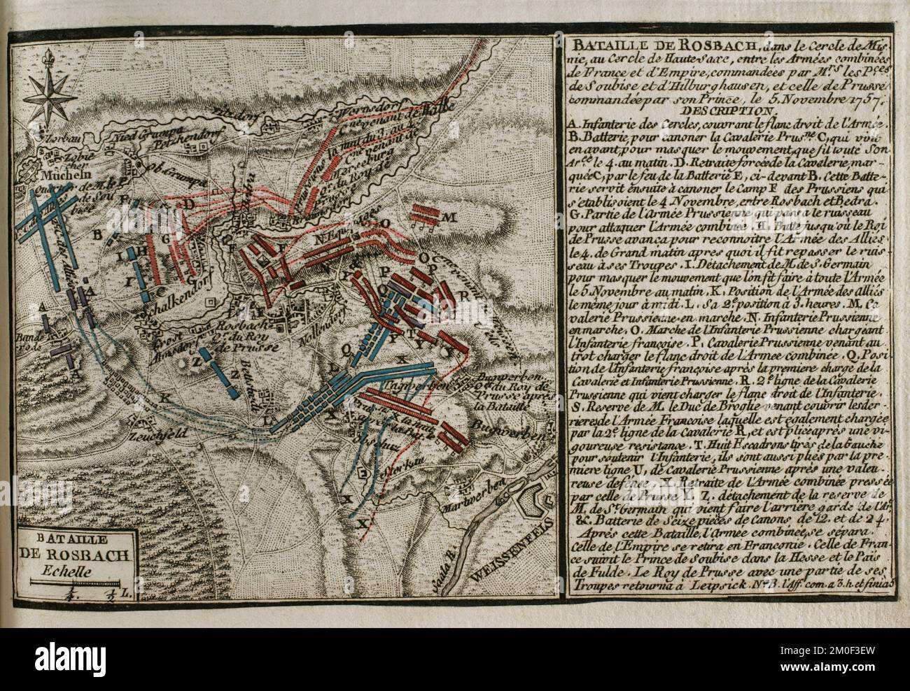 Guerra dei sette anni (1756-1763). Mappa della Battaglia di Rossbach, 1757 (5 novembre 1757). Federico il Grande sconfisse un esercito alleato composto da forze francesi accresciute da un contingente del Reichsarmee (esercito imperiale) del Sacro Romano Impero, guidato da Carlo de Rohan (principe di Soubise) e Joseph Friedrich von Sachsen-Hildburghausen. Pubblicato nel 1765 dal cartografo Jean de Beaurain (1696-1771) come illustrazione della sua Grande carta della Germania, con gli eventi che si sono verificati durante la Guerra dei sette anni. Esercito alleato in rosso e esercito francese in blu. Incisione e incisione. Edizione francese, 176 Foto Stock