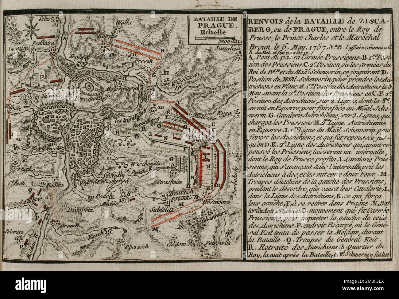 Guerra dei sette anni (1756-1763). Mappa della Battaglia di Praga (6 maggio 1757). L'esercito prussiano di Federico il Grande sconfisse un esercito del Sacro Romano Impero, guidato da Carlo di Lorena. Pubblicato nel 1765 dal cartografo Jean de Beaurain (1696-1771) come illustrazione della sua Grande carta della Germania, con gli eventi che si sono verificati durante la Guerra dei sette anni. Incisione e incisione. Edizione francese, 1765. Biblioteca storica militare di Barcellona (Biblioteca Histórico Militar de Barcelona). Catalogna. Spagna. Foto Stock