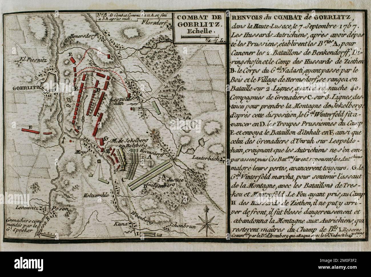 Guerra dei sette anni (1756-1763). Mappa del combattimento di Görlitz (7 settembre 1757). Episodio che si è svolto durante la Battaglia di Moys, come parte della terza guerra silesiana. Un esercito prussiano, comandato da Hans Karl von Winterfeldt, fu sconfitto dalle forze austriache guidate dal maresciallo Daun. L'intero corpo prussiano si arrese agli austriaci. Pubblicato nel 1765 dal cartografo Jean de Beaurain (1696-1771) come illustrazione della sua Grande carta della Germania, con gli eventi che si sono verificati durante la Guerra dei sette anni. Incisione e incisione. Edizione francese, 1765. Biblioteca storica militare di Barcellona (Bibliot Foto Stock