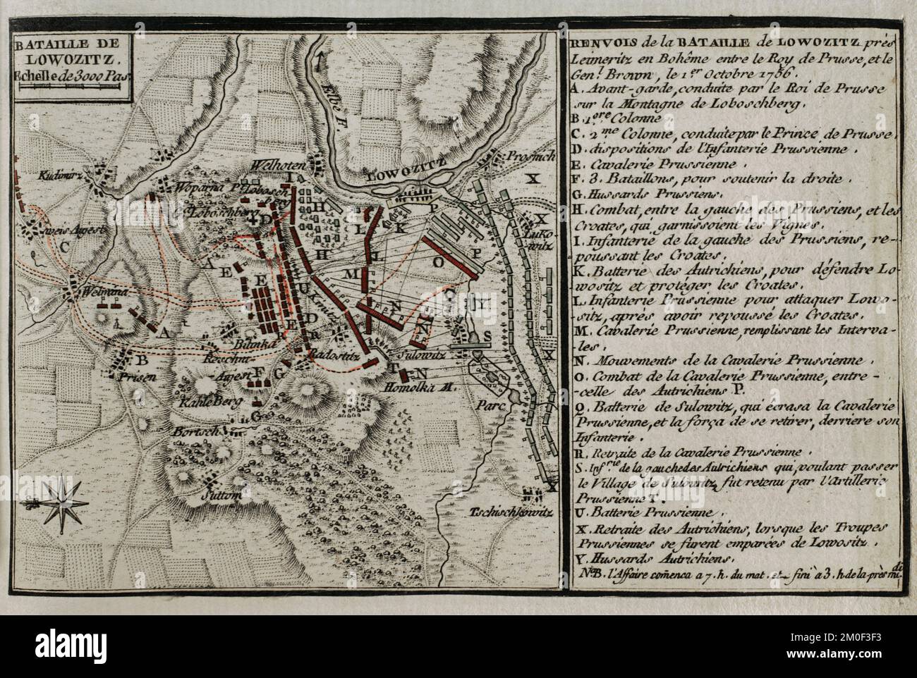 Guerra dei sette anni (1756-1763). Mappa della Battaglia di Lobositz o Lovosice (1 ottobre 1756). L'esercito prussiano di Federico il Grande combatté contro un esercito austriaco guidato da Massimiliano Ulisse Browne. I prussiani furono in grado di impedire agli austriaci di rafforzare i loro alleati sassoni che erano sotto assedio a Pirna. Pubblicato nel 1765 dal cartografo Jean de Beaurain (1696-1771) come illustrazione della sua Grande carta della Germania, con gli eventi che si sono verificati durante la Guerra dei sette anni. Incisione e incisione. Edizione francese, 1765. Biblioteca storica militare di Barcellona (Biblioteca Histórico Mili Foto Stock