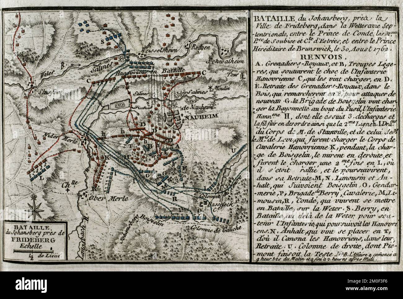 Guerra dei sette anni (1756-1763). Mappa della Battaglia di Johannisberg, 1762 (30 agosto 1762). Le forze francesi guidate da Luigi Giuseppe, Principe di Conde, sconfissero l'esercito anoveriano e britannico sotto il comando del duca Ferdinando di Brunswick. Pubblicato nel 1765 dal cartografo Jean de Beaurain (1696-1771) come illustrazione della sua Grande carta della Germania, con gli eventi che si sono verificati durante la Guerra dei sette anni. Esercito alleato in rosso e esercito francese in blu. Incisione e incisione. Edizione francese, 1765. Biblioteca storica militare di Barcellona (Biblioteca Histórico Militar de Barcelona). Catalogna. Spagna. Foto Stock