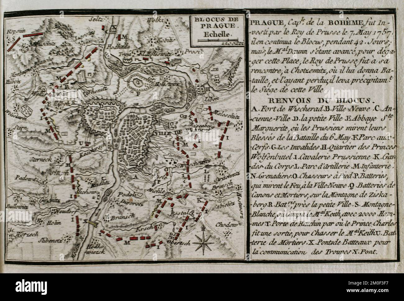 Guerra dei sette anni (1756-1763). Mappa del blocco delle truppe prussiane a Praga, 1757. Assediato dal re prussiano Federico il Grande dal 7th maggio 1757. Il blocco continuò per 42 giorni. Nel frattempo, un esercito austriaco sotto il comando del maresciallo Daun marciò in aiuto degli assediati. Federico il Grande decise di mobilitare l'esercito del Duca di Bevern per tagliare l'esercito di Daun. Il 8 giugno Kaunitz ordinò a Daun di avviare l'operazione di liberazione di Praga, e le truppe iniziarono il loro avanzamento il 12 giugno. Pubblicato nel 1765 dal cartografo Jean de Beaurain (1696-1771) come illustrazione del suo G. Foto Stock