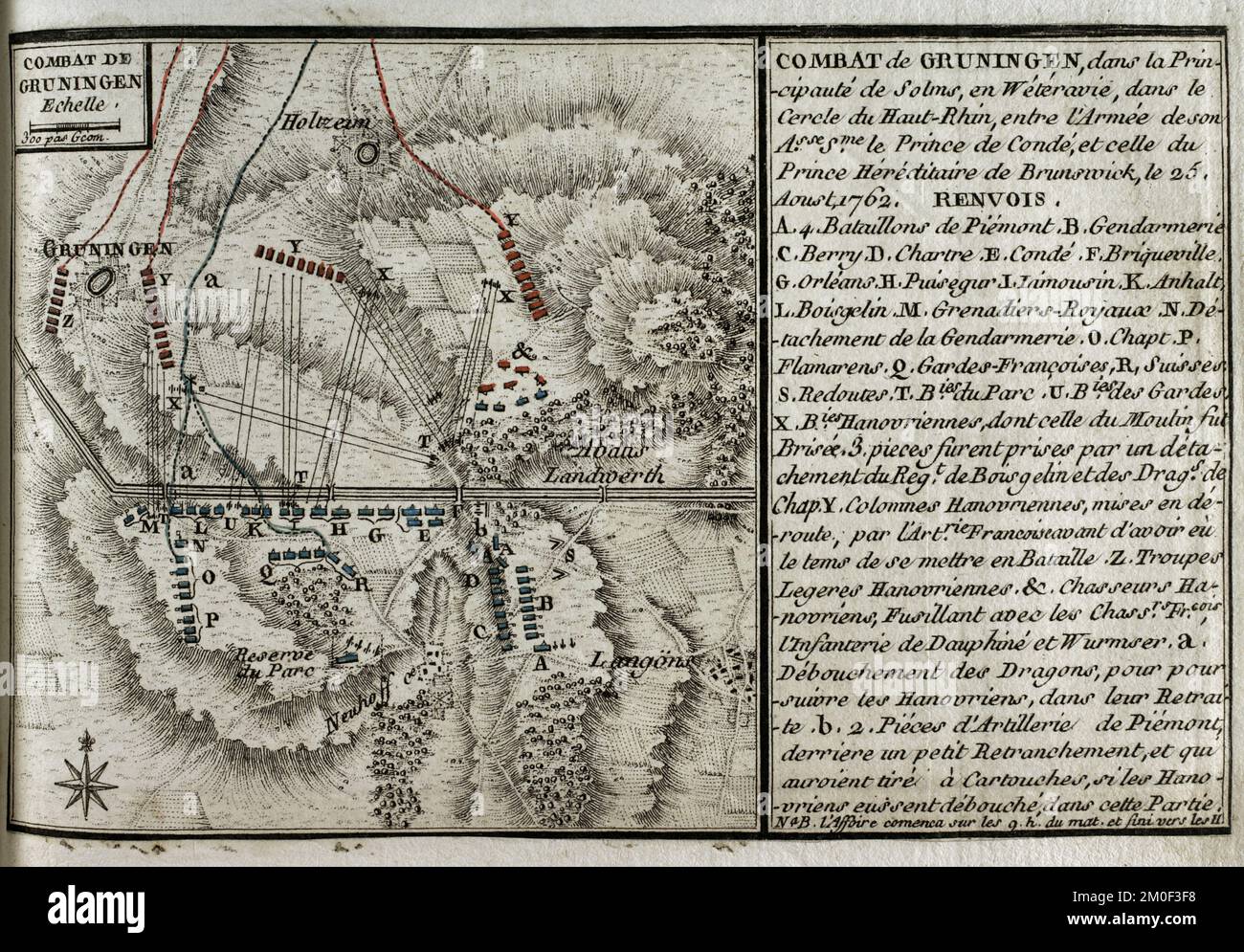 Guerra dei sette anni (1756-1763). Combattimento di Grüningen (25 agosto 1762). Mappa orientata a sud-est della zona tra Grüningen, Holzheim e Langgöns nel principato di Solms. Mappa che mostra le posizioni delle truppe alleate comandate dal principe ereditario Ferdinando di Brunswick (rosso) e dai francesi guidati da Luigi Giuseppe principe di Condé (1736-1818 (blu). Questa azione è stata vinta dall'esercito alleato. Pubblicato nel 1765 dal cartografo Jean de Beaurain (1696-1771) come illustrazione della sua Grande carta della Germania, con gli eventi che si sono verificati durante la Guerra dei sette anni. Incisione e incisione Foto Stock