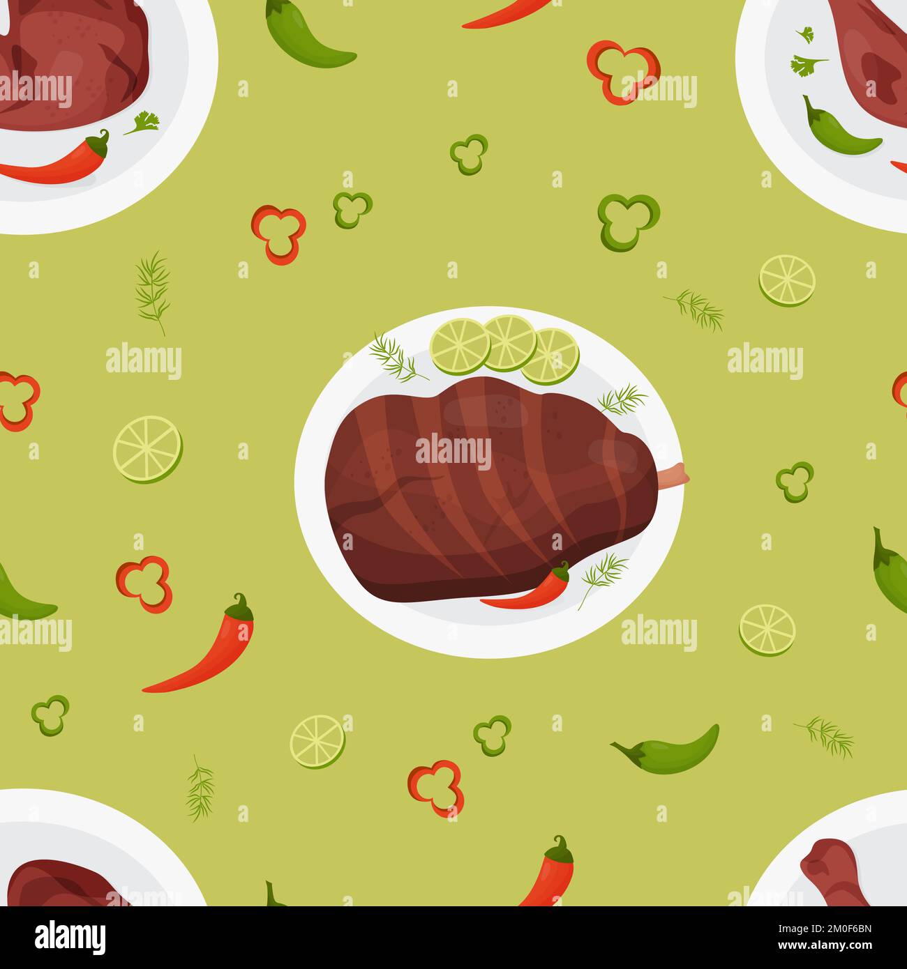 Motivo senza cuciture con carne alla griglia. Piatti messicani barbecue ahiote di pollo fritto e coscia di maiale in piatto su sfondo verde con peperoncino e lime. Vettore Illustrazione Vettoriale Motivo senza cuciture con carne alla griglia. Piatti messicani barbecue ahiote di pollo fritto e coscia di maiale in piatto su sfondo verde con peperoncino e lime. Vettore Illustrazione Vettoriale