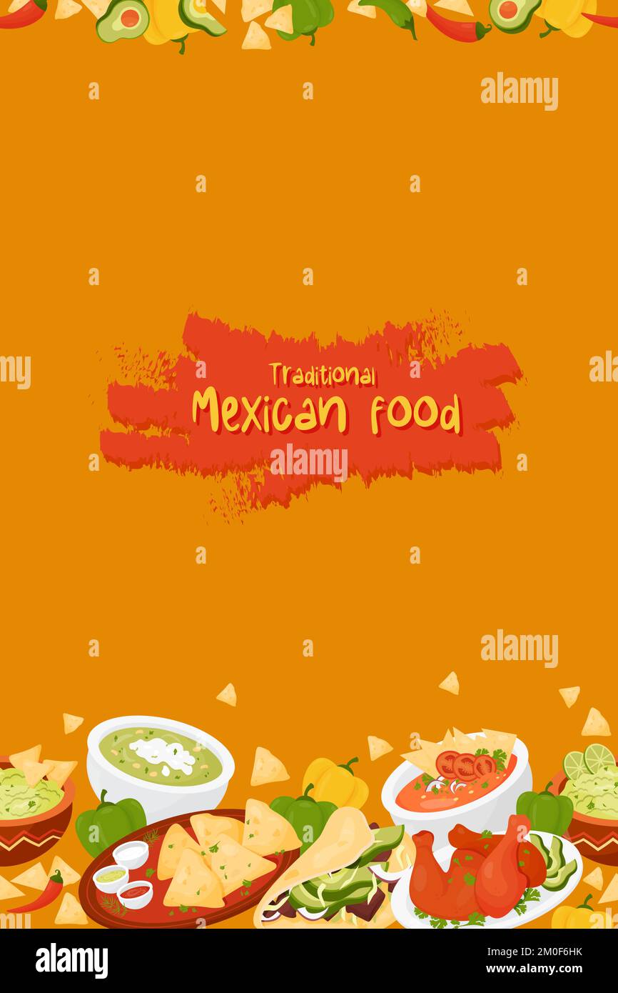 Cucina messicana tradizionale. Bordo verticale senza cuciture con dishs latino-americani Quesadilla, Taco, guacamole con nachos, zuppa di pomodoro e verde, Achiote C. Illustrazione Vettoriale Cucina messicana tradizionale. Bordo verticale senza cuciture con dishs latino-americani Quesadilla, Taco, guacamole con nachos, zuppa di pomodoro e verde, Achiote C. Illustrazione Vettoriale