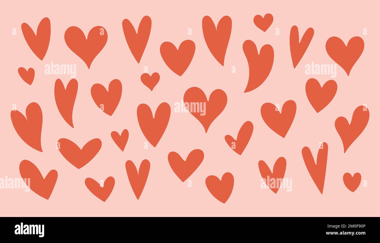 Grande serie di cuori rossi disegnati a mano su uno sfondo rosa. Cuori semplici. Stile Doodle. Illustrazione vettoriale. Illustrazione Vettoriale