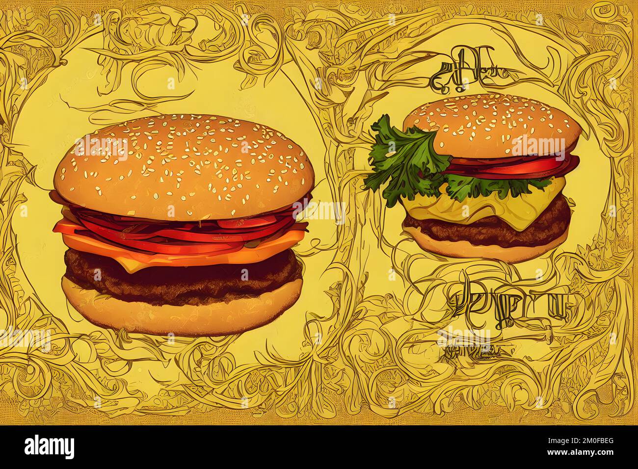 Illustrazione di hamburger in stile Art Nouveau, un classico fast food Foto Stock