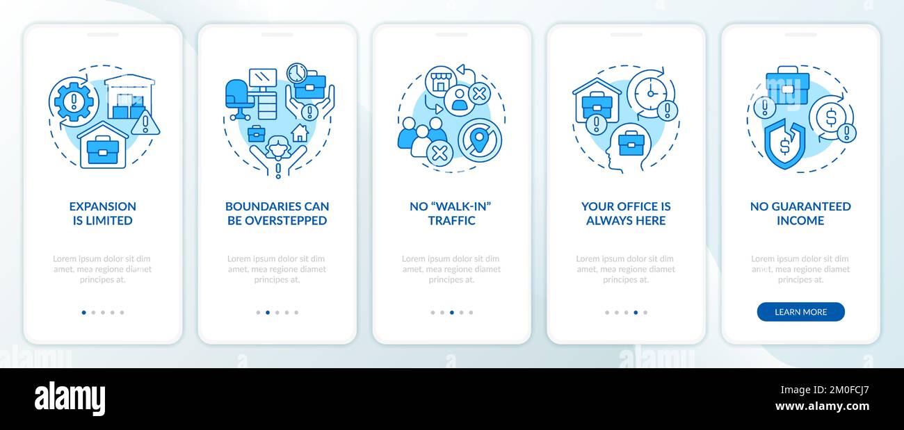 L'avvio del business a casa avvertirà la schermata blu dell'app mobile di onboarding Illustrazione Vettoriale