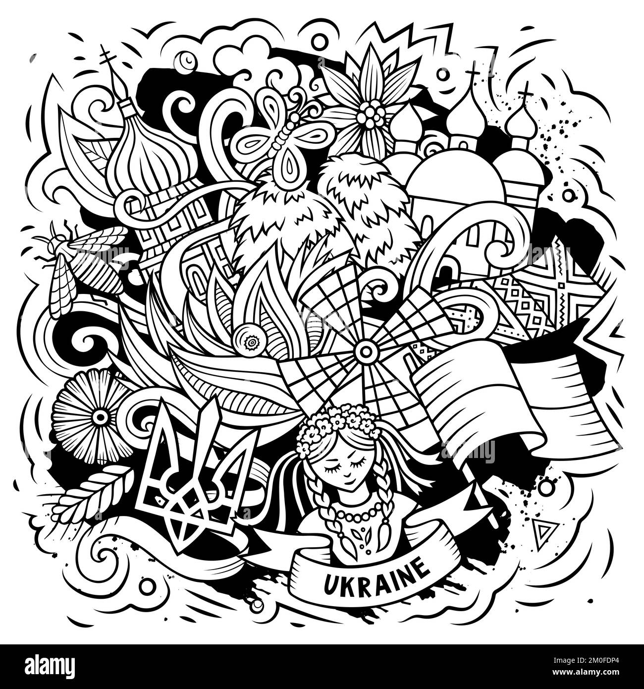 Ucraina cartoon doodle illustrazione. Divertente design ucraino. Illustrazione Vettoriale