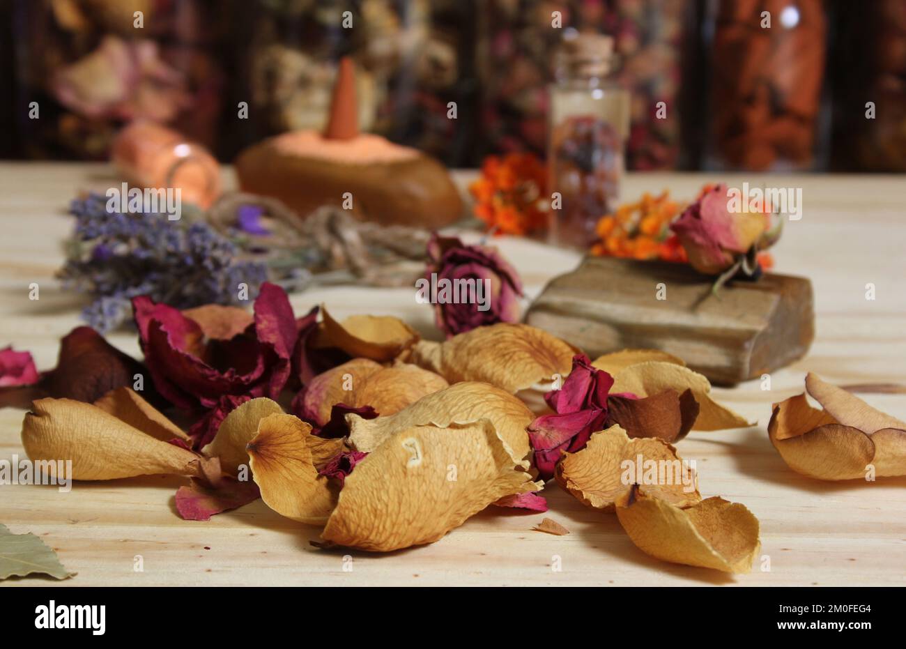 Petali di rosa essiccati e lavanda essiccata con cristalli e legno pietrificato Foto Stock