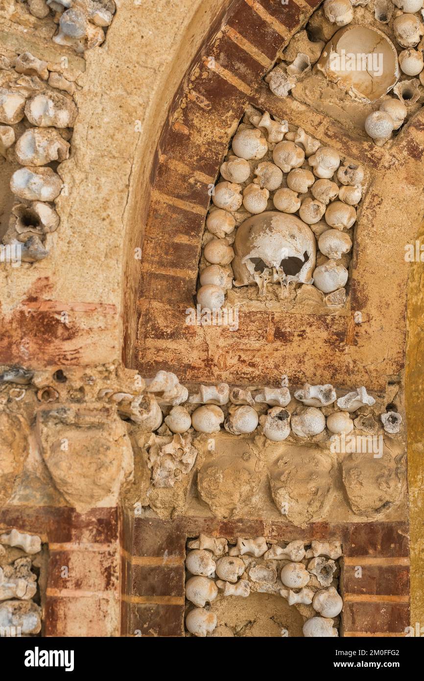 Altare fatto di ossa umane e teschi all'interno della chiesa di Santa Maria a Faro, Portogallo Foto Stock