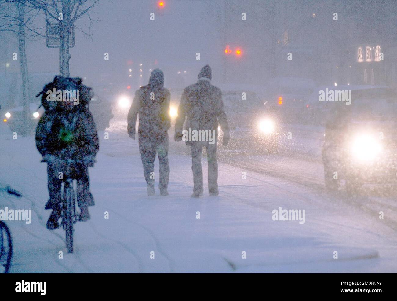 I cittadini tornano a casa durante una violenta tempesta di neve a Copenaghen, Danimarca, che ha portato al caos del traffico e a molti incidenti automobilistici. Tre persone sono morte in tre diversi incidenti automobilistici e molte sono rimaste ferite e portate in ospedale. Foto Stock