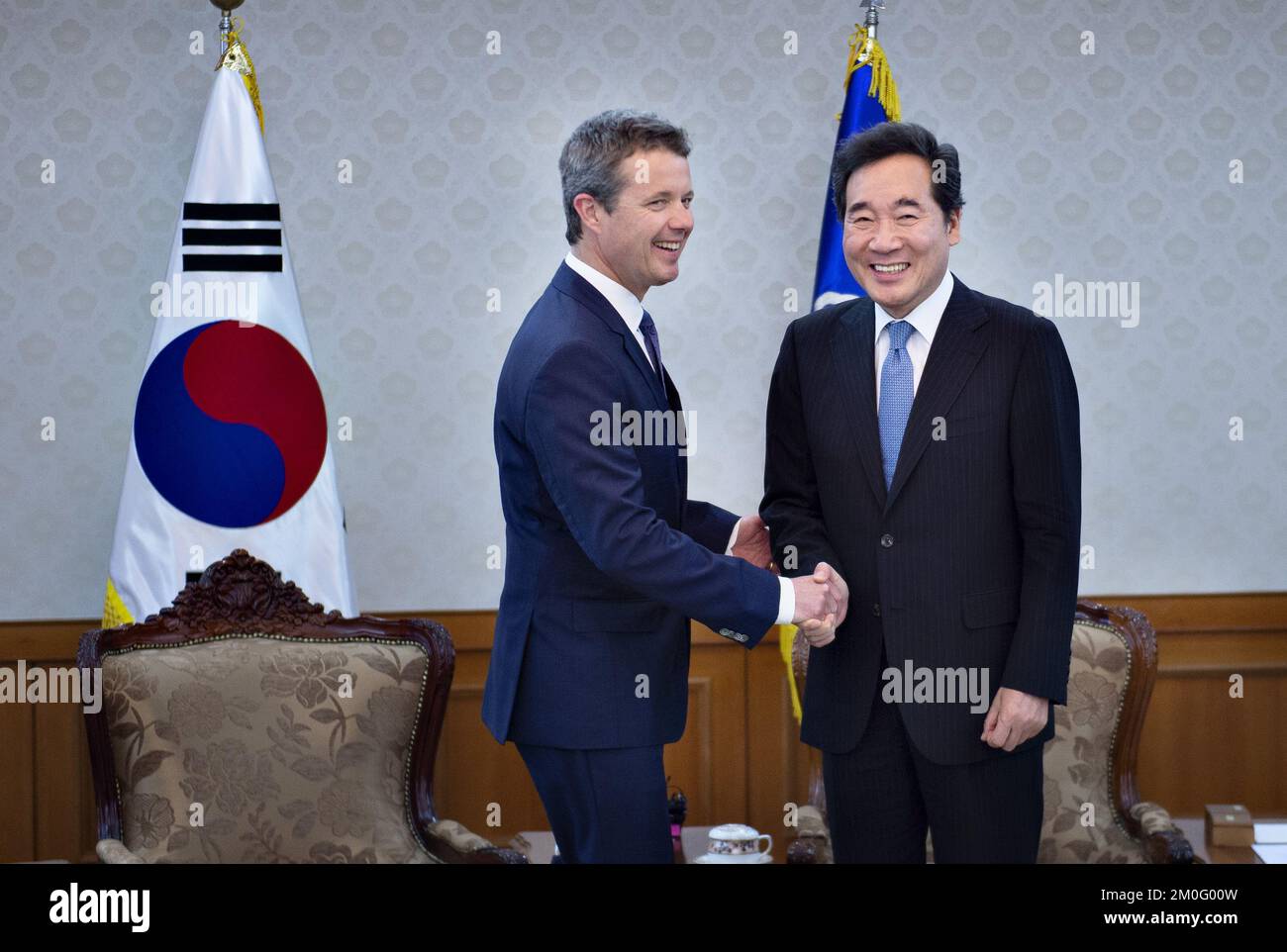 Il 20th 2019 maggio il 20th 2019 maggio la coppia del principe ereditario arrivò in Corea del Sud per una visita che rafforzò le relazioni diplomatiche e commerciali tra i due Paesi. Hanno incontrato il primo ministro Lee Nak-yon nel Palazzo del Governo di Seoul. Foto Stock