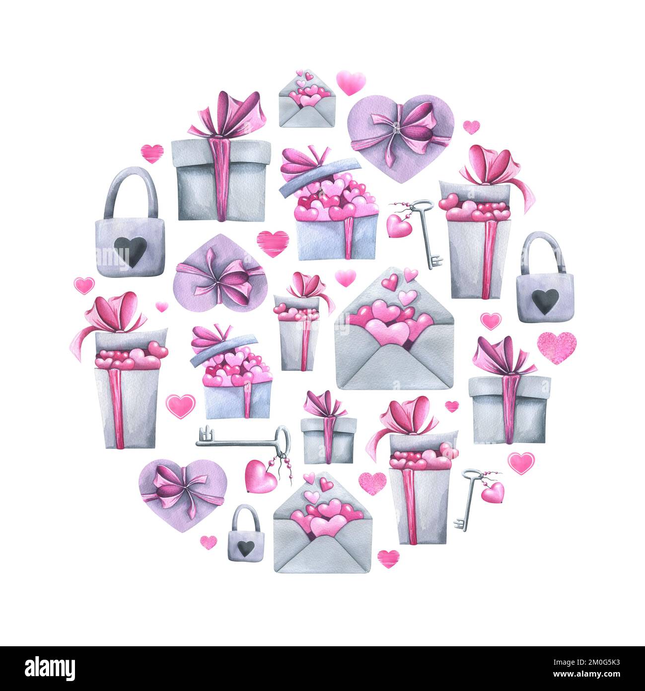 Scatole regalo con archi, serrature e chiavi, con un concerto. Illustrazione acquerello. Composizione della collezione DI SAN VALENTINO. Per decorazione e. Foto Stock