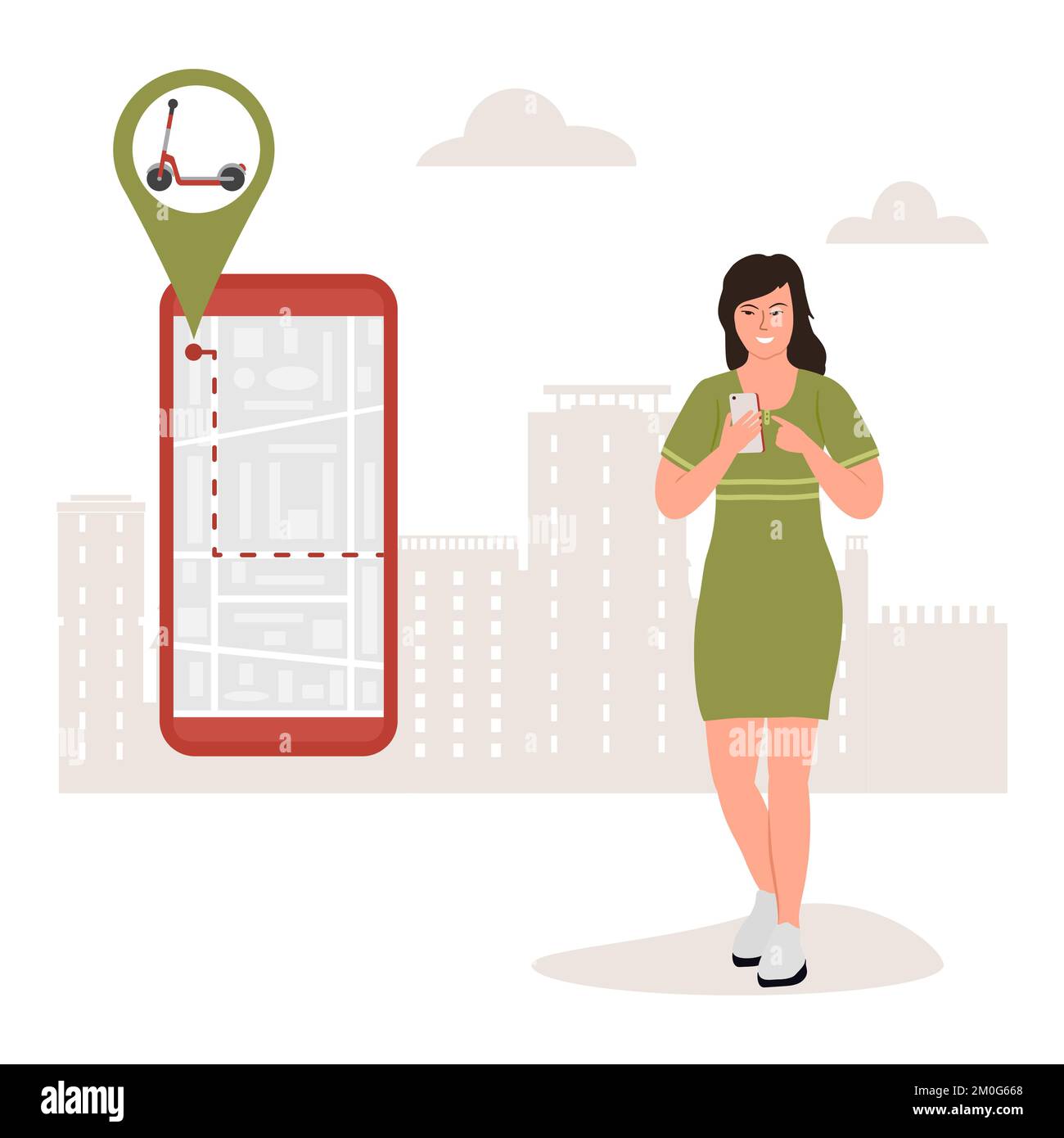Illustrazione vettoriale la donna utilizza l'applicazione sul telefono cellulare per la ricerca il noleggio più vicino, parcheggio di scooter elettrici. Sistema di condivisione scooter pubblico tr Illustrazione Vettoriale