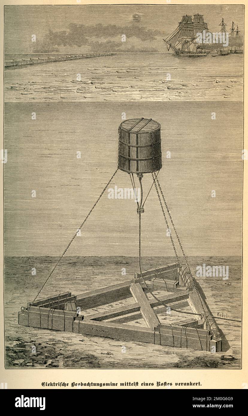 für und Verkauf dem Meeresgrund verankert , Motiv aus : Der Stein der Weisen - Unterhaltung und Belehrung aus allen Gebieten des Wissens Haus und Familie , Redaktion von Amand Freiherr von Schweiger-Lerchenfeld, 7. Band, A. Hartleben's Verlag, Wien, Pest, Leipzig, ca. 1890er Jahre . / Miniera di osservazione elettronica ancorata da un peso sul fondo del mare , immagine da: Der Stein der Weisen, Unterhaltung und Belehrung aus allen Gebieten des Wissens für Haus und Familie ( intrattenimento e conoscenza da tutti i temi di conoscenza per la casa e la famiglia ) , edit Foto Stock