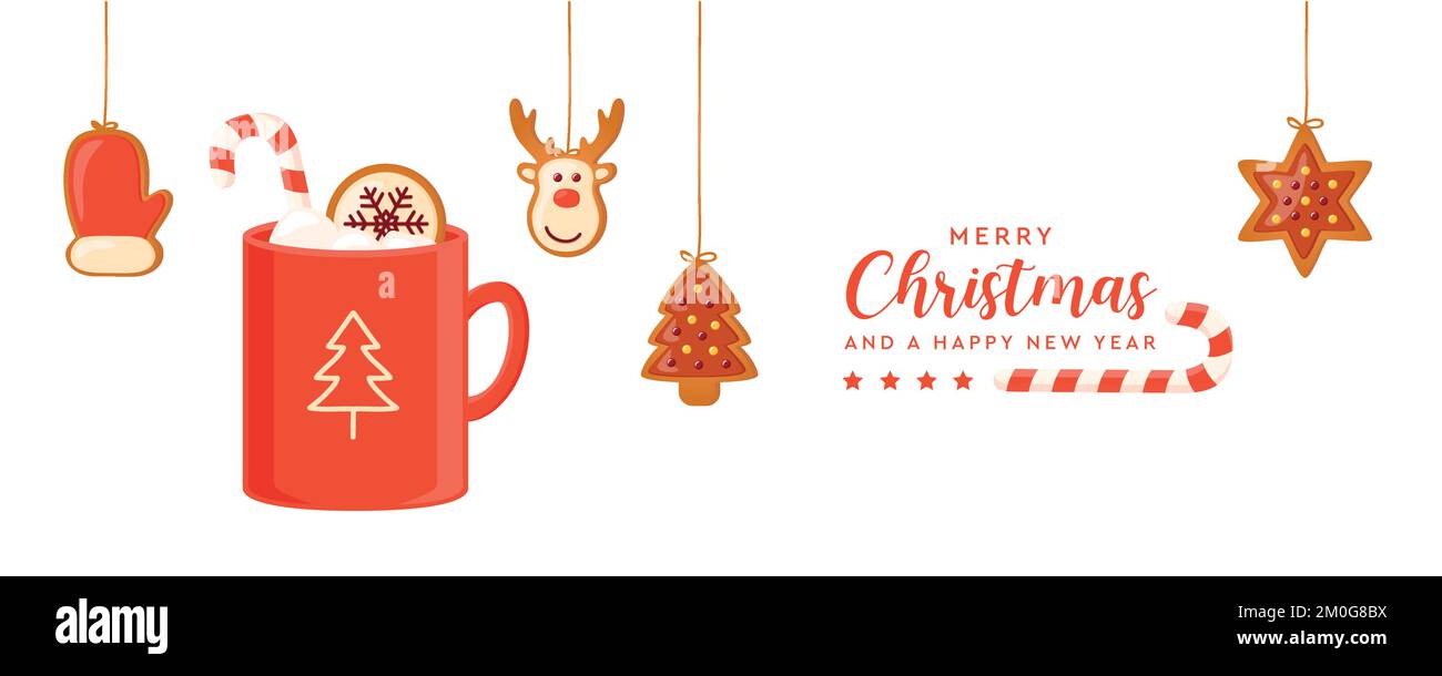 biglietto di natale con biscotti pan di zenzero appesi e bevanda al cacao Illustrazione Vettoriale