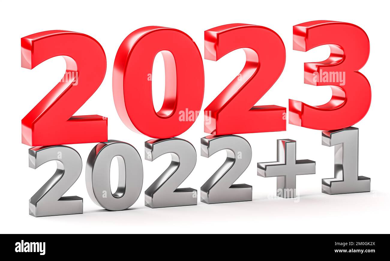 Concetto di nuovo anno. Numeri 2022 più 1 e 2023 isolati su bianco. rendering 3d Foto Stock